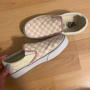 Pink checkered slip on vans